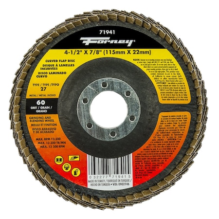 Forney Curved Edge Flap Disc, 4-1/2 in x 7/8 in, 60 Grit 71941